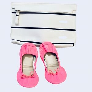 Gap Pink Leather Ballet Slip On Flats & Striped Zipper Pouch Make Up Bag Sz 6